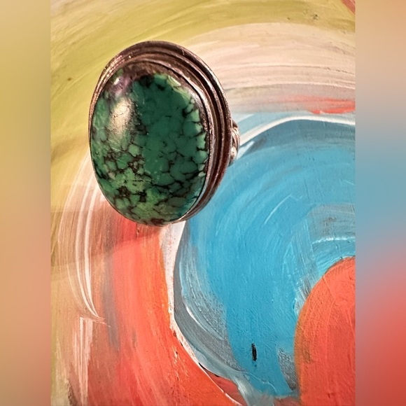 Turquoise Ring 12.6g Oval Cabochon Natural Spider Web Tibetan Green Sz 6.25 4077 - Picture 10 of 13